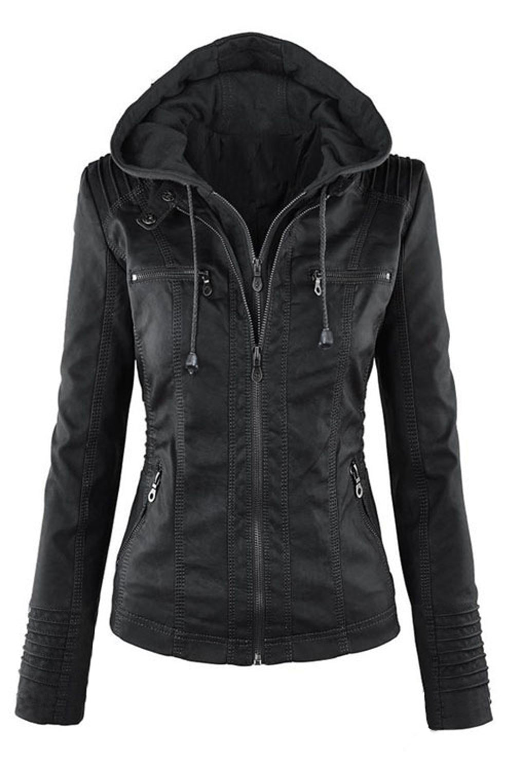 Women Windproof Zipper Closure Side Pocket Solid Colored Thick PU Leather Jacket