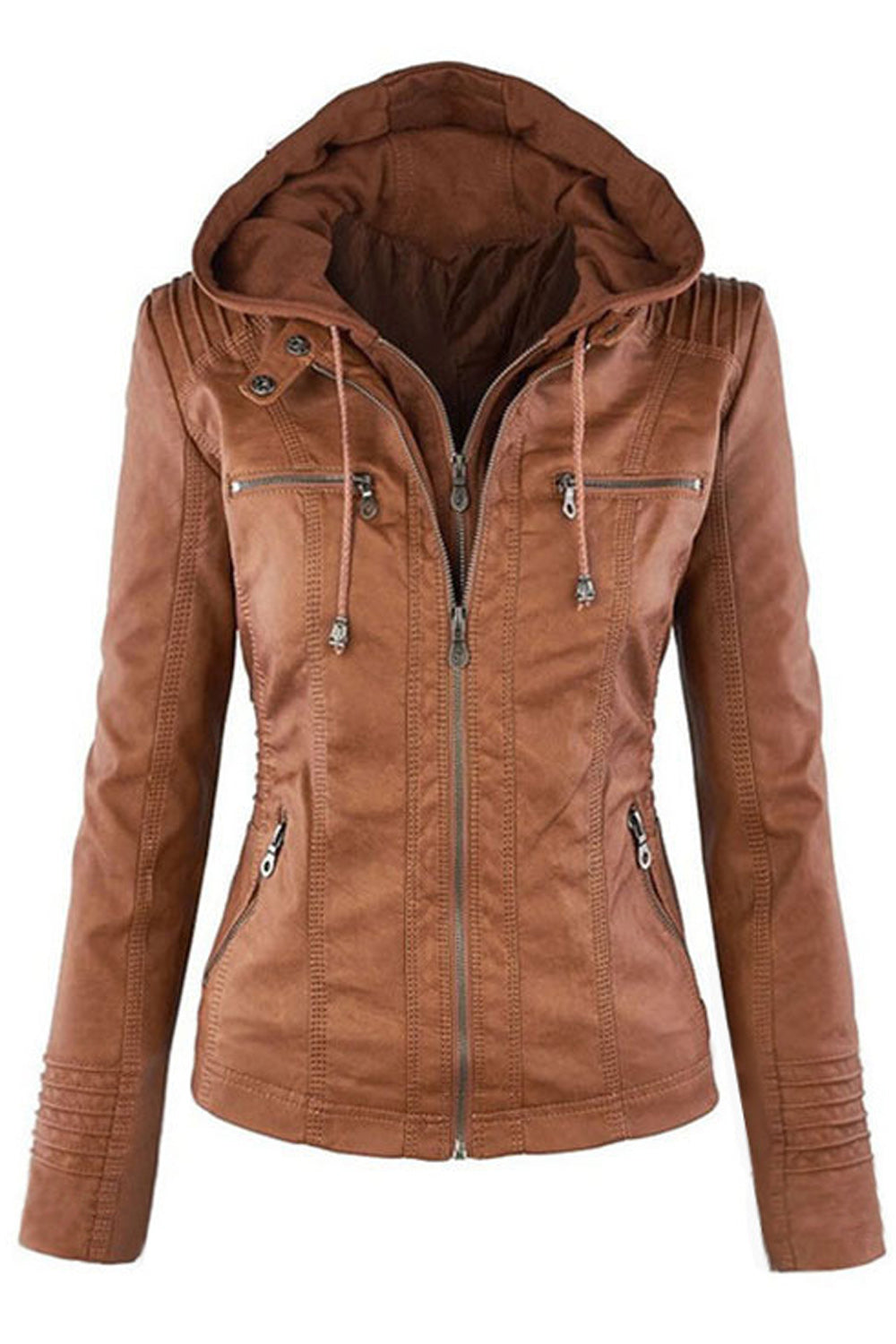 Women Windproof Zipper Closure Side Pocket Solid Colored Thick PU Leather Jacket