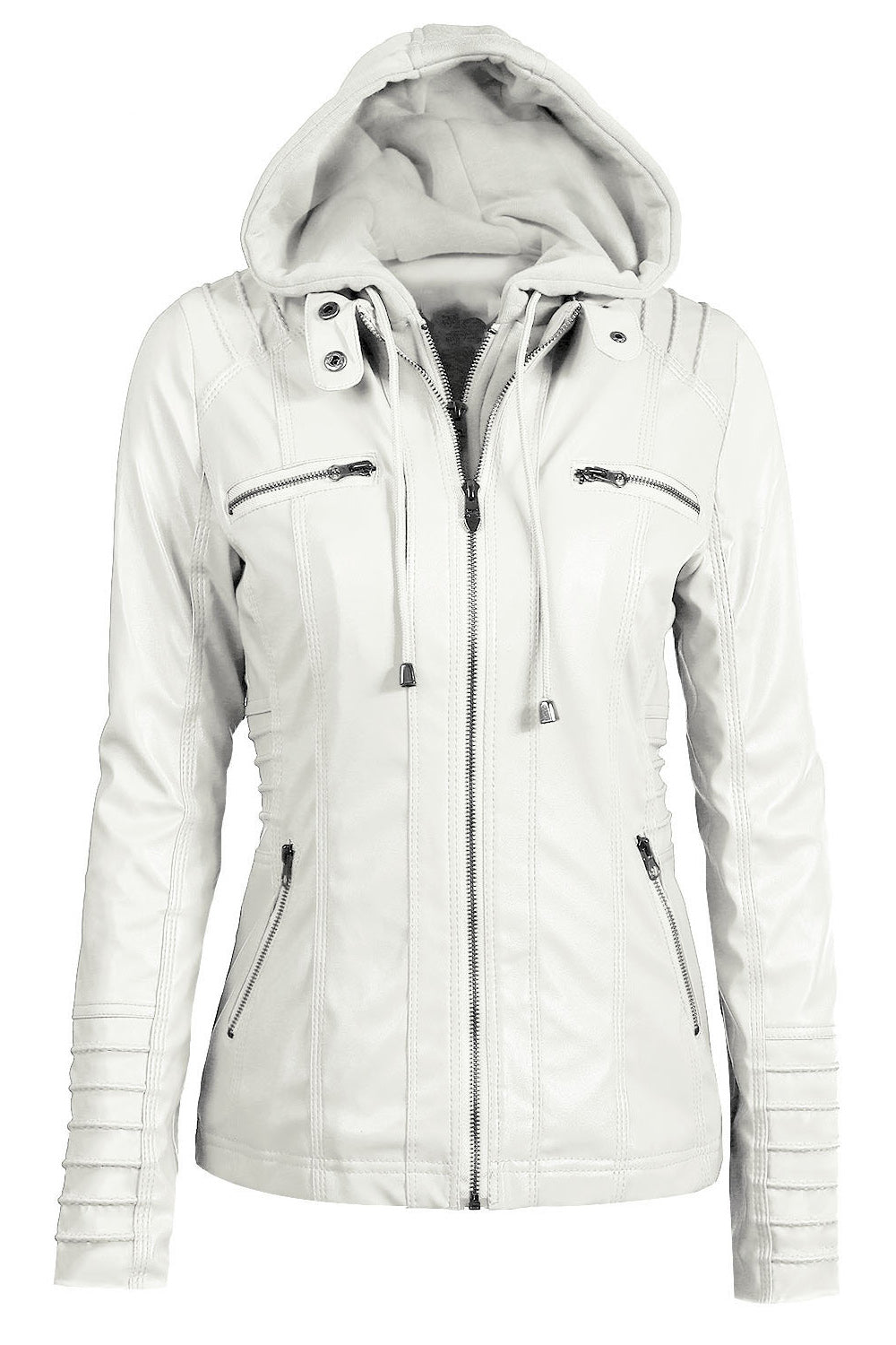 Women Windproof Zipper Closure Side Pocket Solid Colored Thick PU Leather Jacket