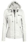 Women Windproof Zipper Closure Side Pocket Solid Colored Thick PU Leather Jacket