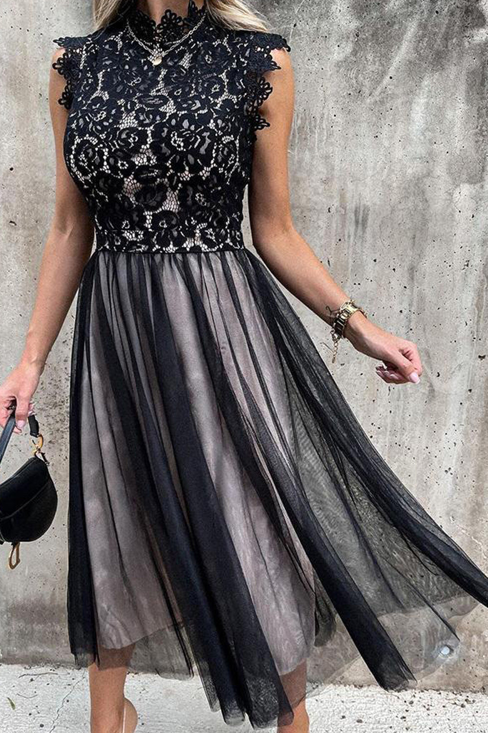 Women Trendy Lace Pattern Thin Mesh Skirt Solid Colored Sleeveless Cool Dress