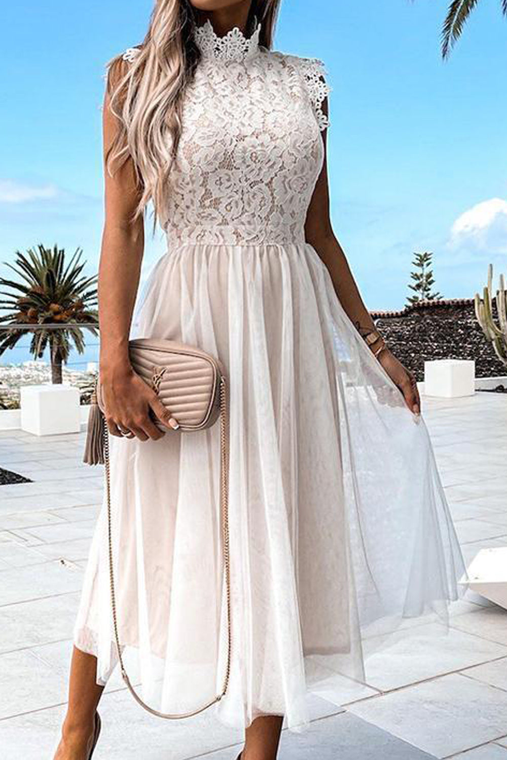 Women Trendy Lace Pattern Thin Mesh Skirt Solid Colored Sleeveless Cool Dress