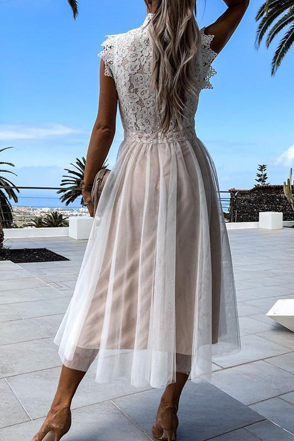 Women Trendy Lace Pattern Thin Mesh Skirt Solid Colored Sleeveless Cool Dress