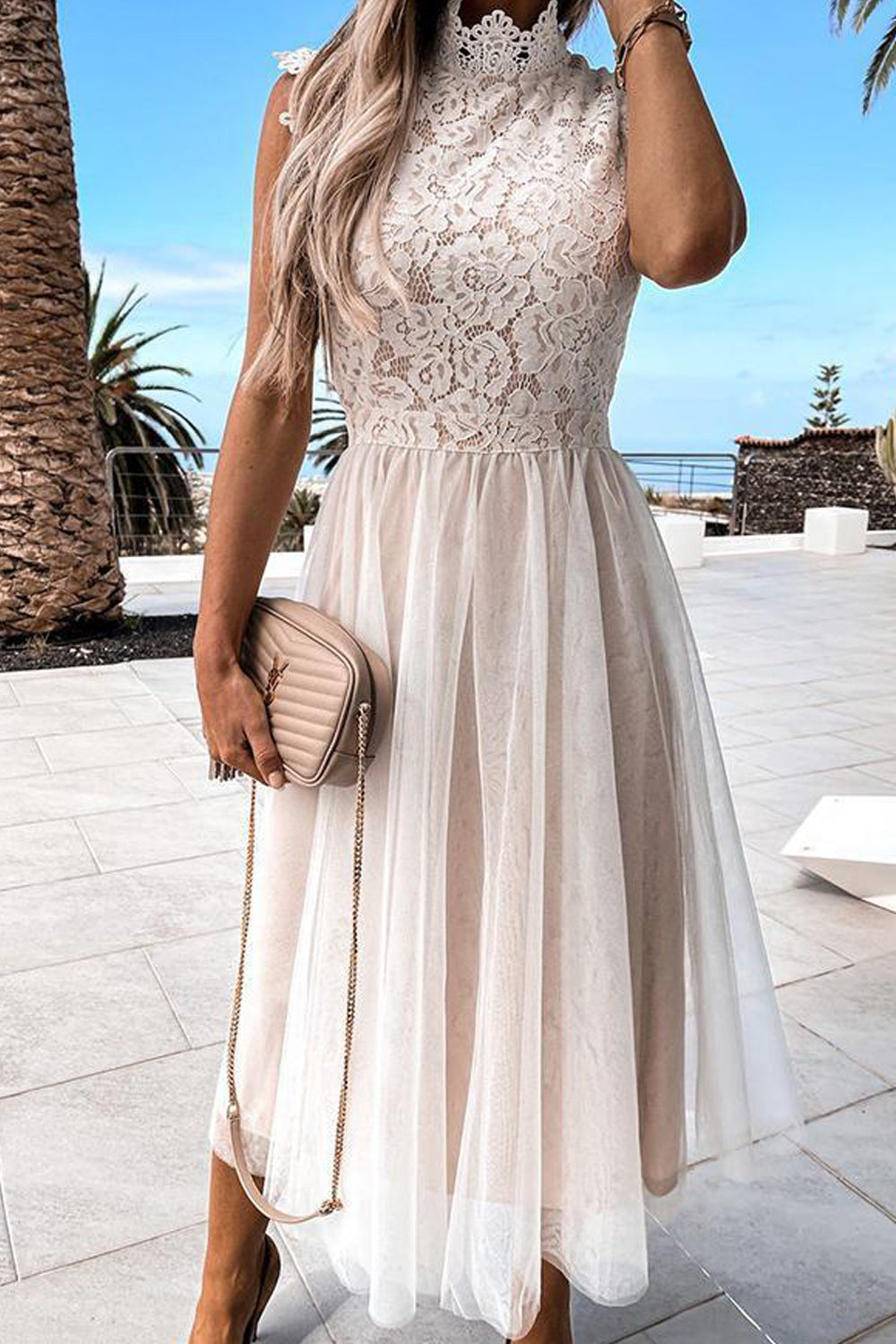 Women Trendy Lace Pattern Thin Mesh Skirt Solid Colored Sleeveless Cool Dress