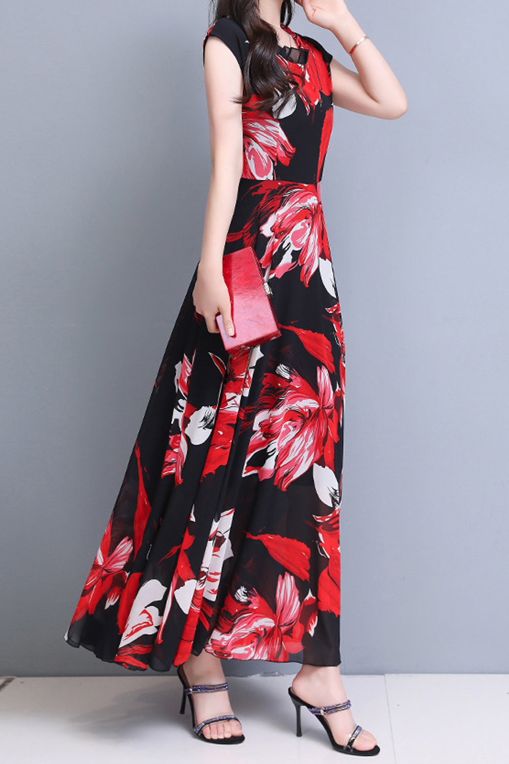 Women Long Length Pleated Flower Printed Thin Lightweight Chiffon Summer Dress