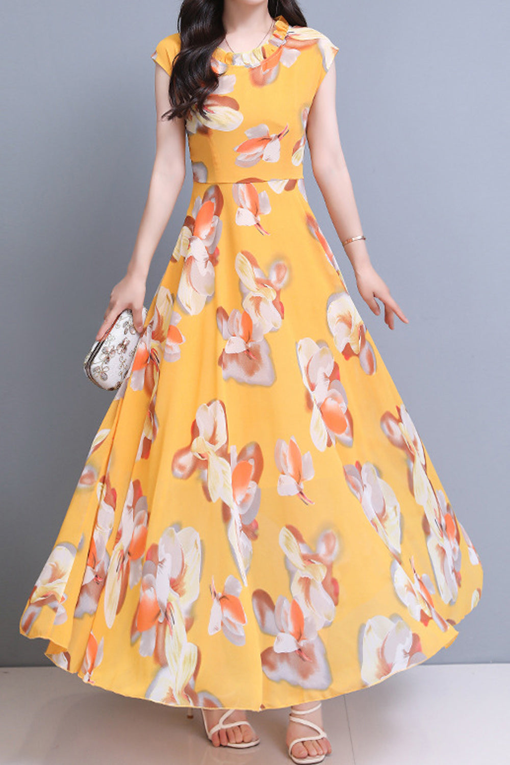 Women Long Length Pleated Flower Printed Thin Lightweight Chiffon Summer Dress