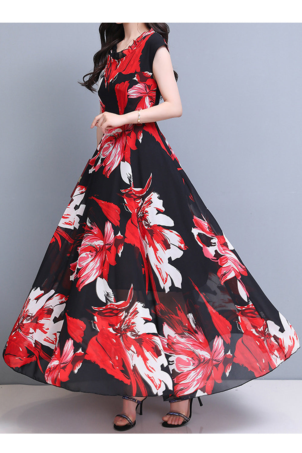 Women Long Length Pleated Flower Printed Thin Lightweight Chiffon Summer Dress