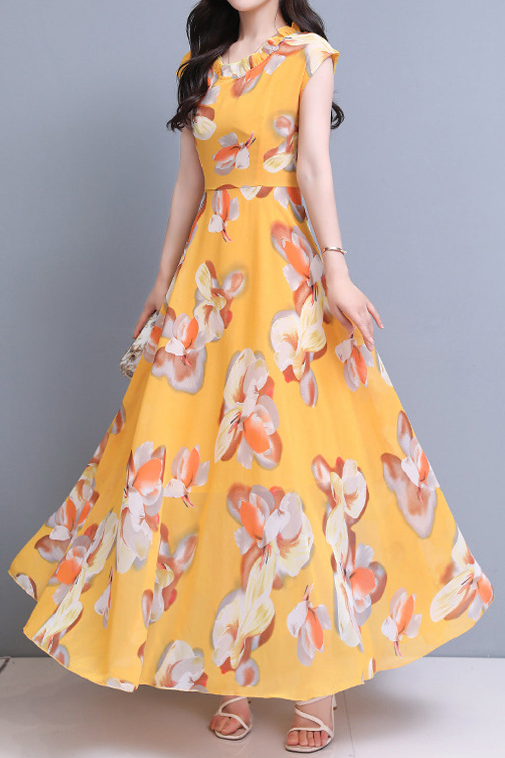 Women Long Length Pleated Flower Printed Thin Lightweight Chiffon Summer Dress