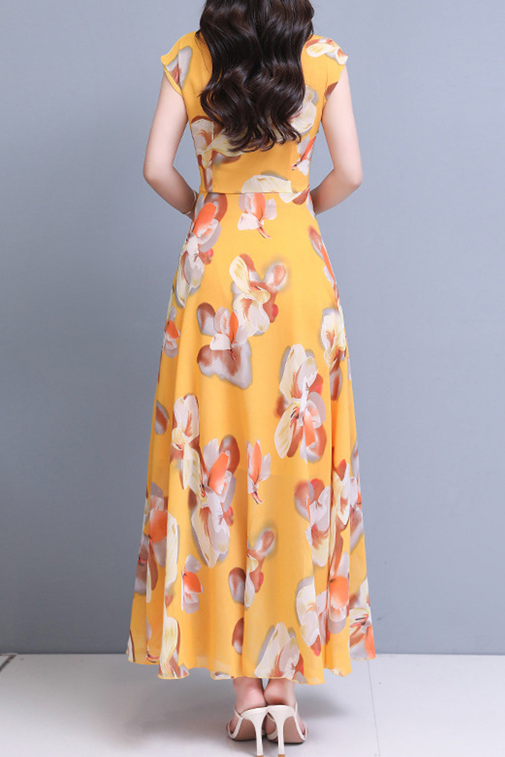 Women Long Length Pleated Flower Printed Thin Lightweight Chiffon Summer Dress