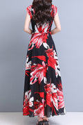 Women Long Length Pleated Flower Printed Thin Lightweight Chiffon Summer Dress