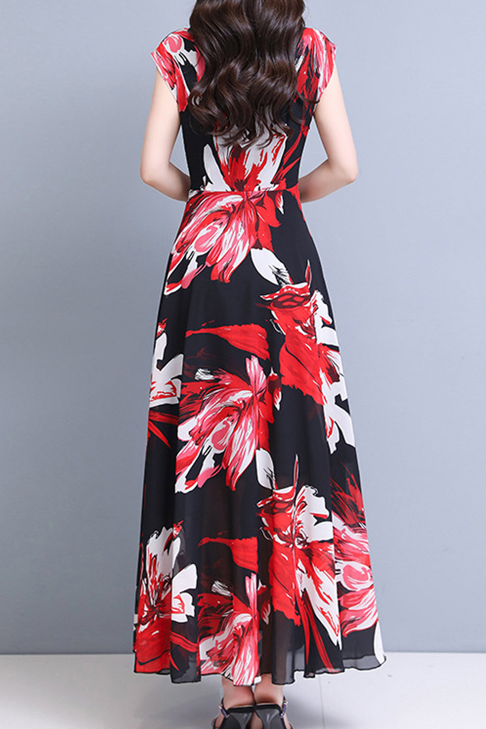 Women Long Length Pleated Flower Printed Thin Lightweight Chiffon Summer Dress