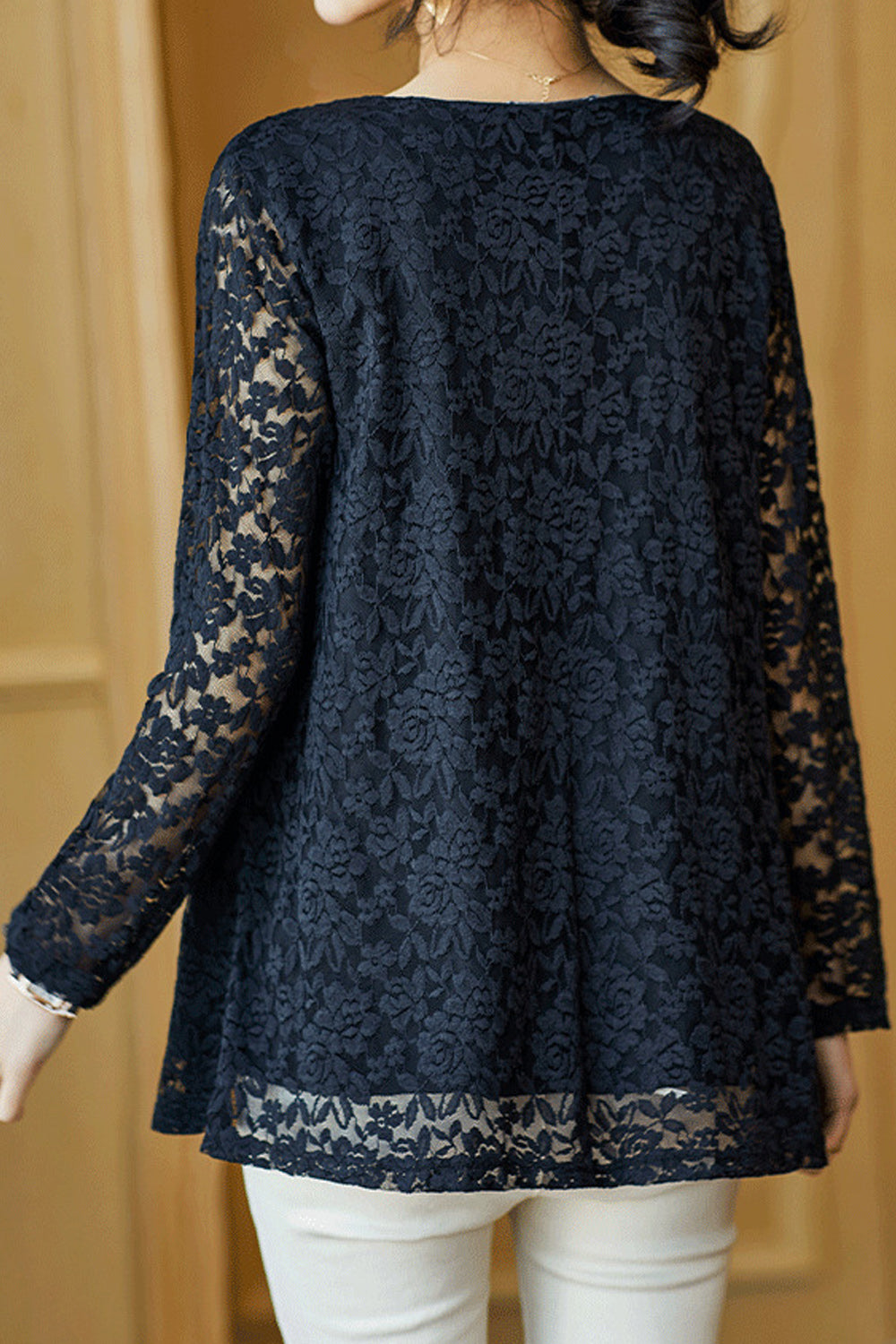 Women Lace Pattern Long Sleeve Solid Colored Loose Breathable Summer Casual Shirt