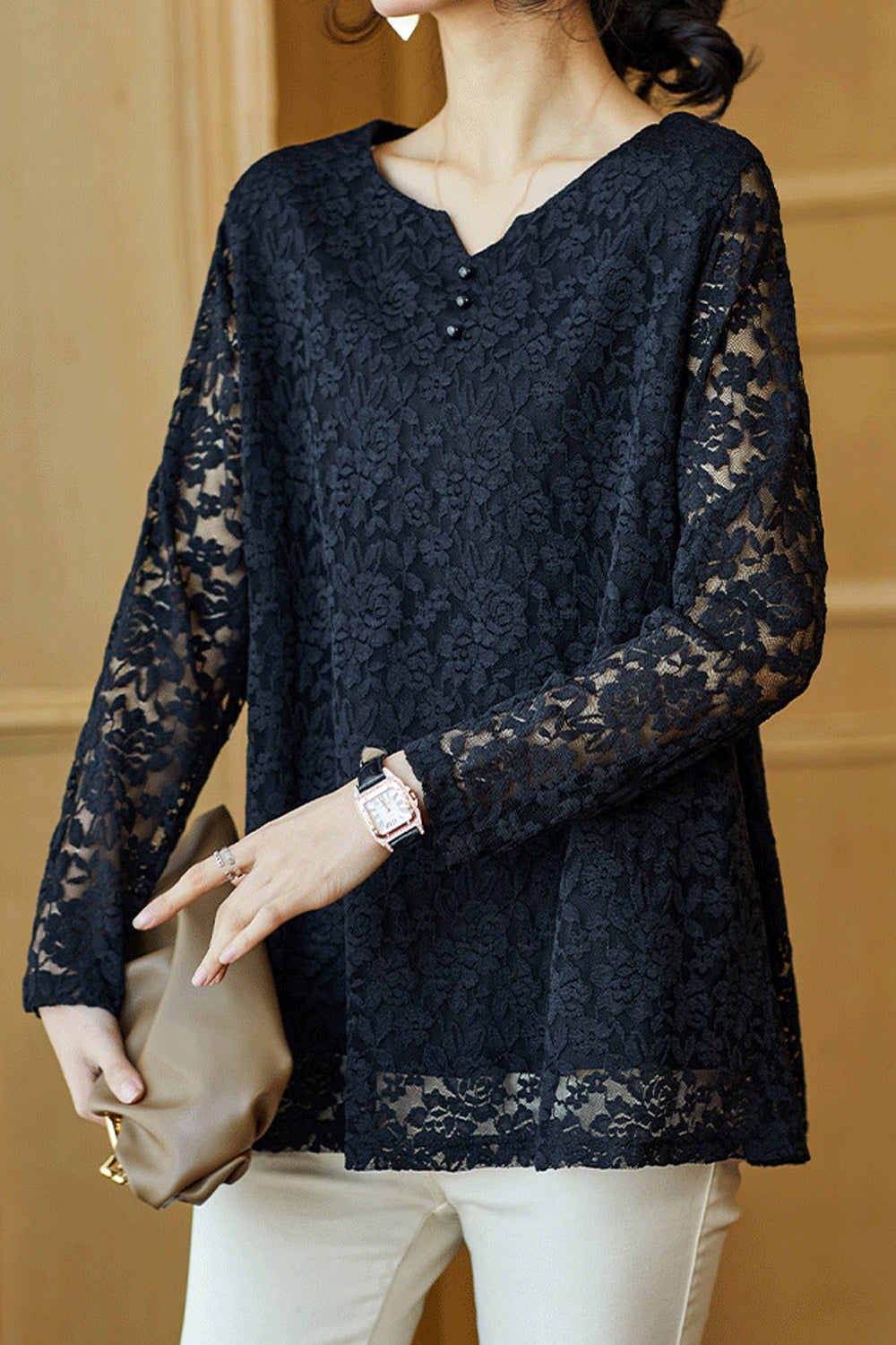 Women Lace Pattern Long Sleeve Solid Colored Loose Breathable Summer Casual Shirt