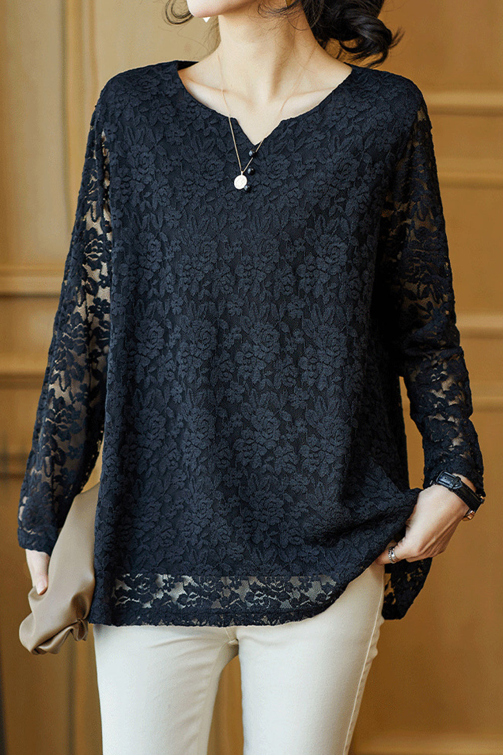Women Lace Pattern Long Sleeve Solid Colored Loose Breathable Summer Casual Shirt