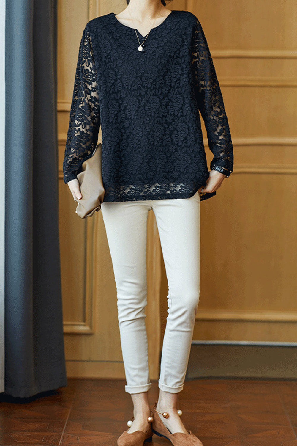 Women Lace Pattern Long Sleeve Solid Colored Loose Breathable Summer Casual Shirt
