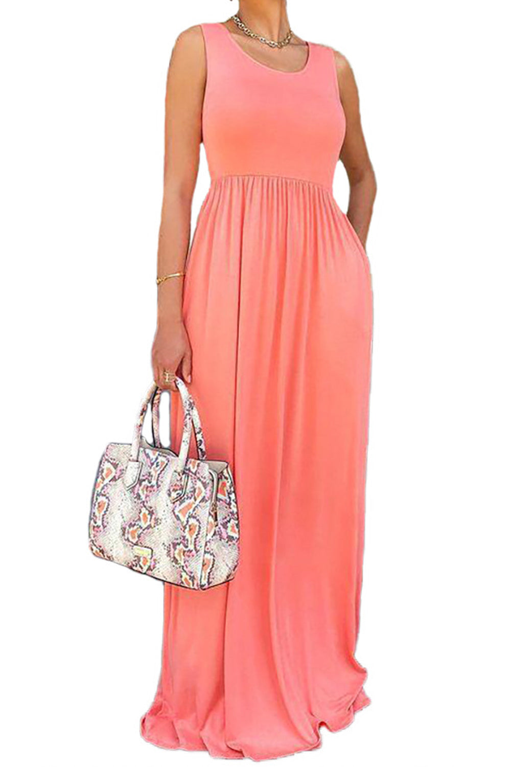 Women Summer Smooth Sleeveless Elegant Long Length Solid Colored Pretty Dress