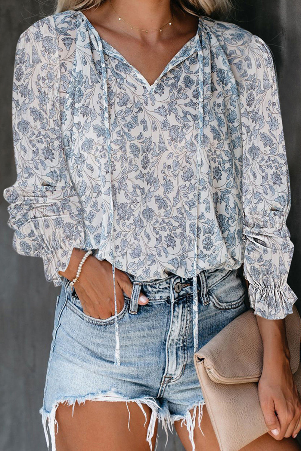 Women Tremendous V-Neck Long Sleeve Flower Printed Casual Loose Thin Awesome Breathable Shirt