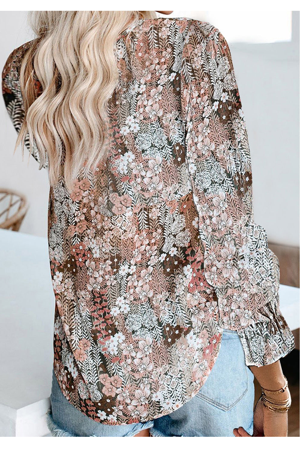 Women Tremendous V-Neck Long Sleeve Flower Printed Casual Loose Thin Awesome Breathable Shirt