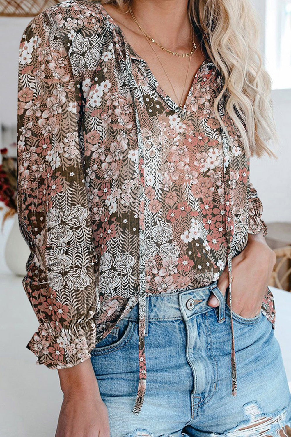 Women Tremendous V-Neck Long Sleeve Flower Printed Casual Loose Thin Awesome Breathable Shirt