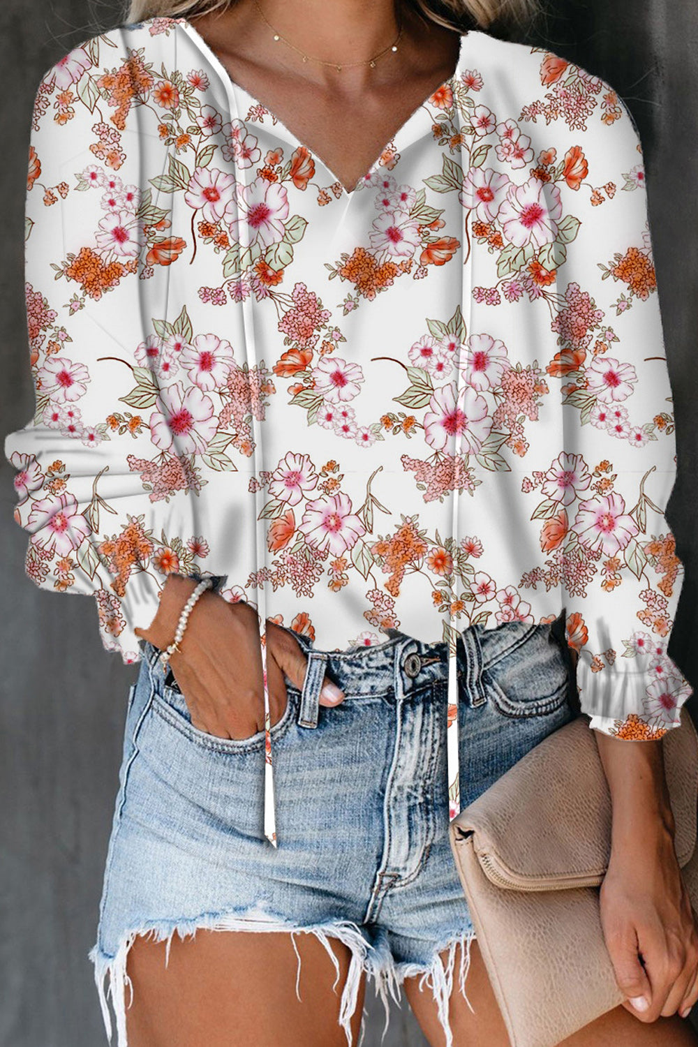 Women Tremendous V-Neck Long Sleeve Flower Printed Casual Loose Thin Awesome Breathable Shirt