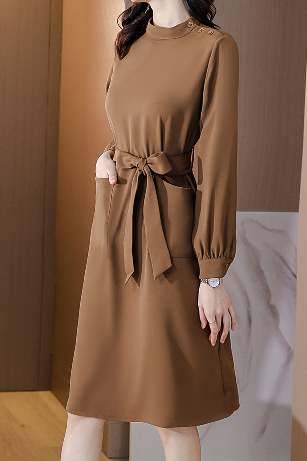 Women Plus Superb Mid Length Solid Pattern Tie Knotted Waist Long Sleeve Outing Dress
