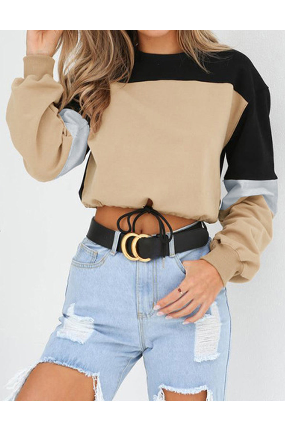 Women Elastic Cuff Long Sleeve Loose Solid Colored Easy Round Neck Comfy Sweatshirt