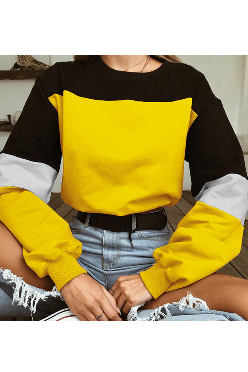 Women Elastic Cuff Long Sleeve Loose Solid Colored Easy Round Neck Comfy Sweatshirt