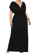 Women Plus Tremendous V-Neck Solid Colored Long Length Smooth Breathable Fashion Dress
