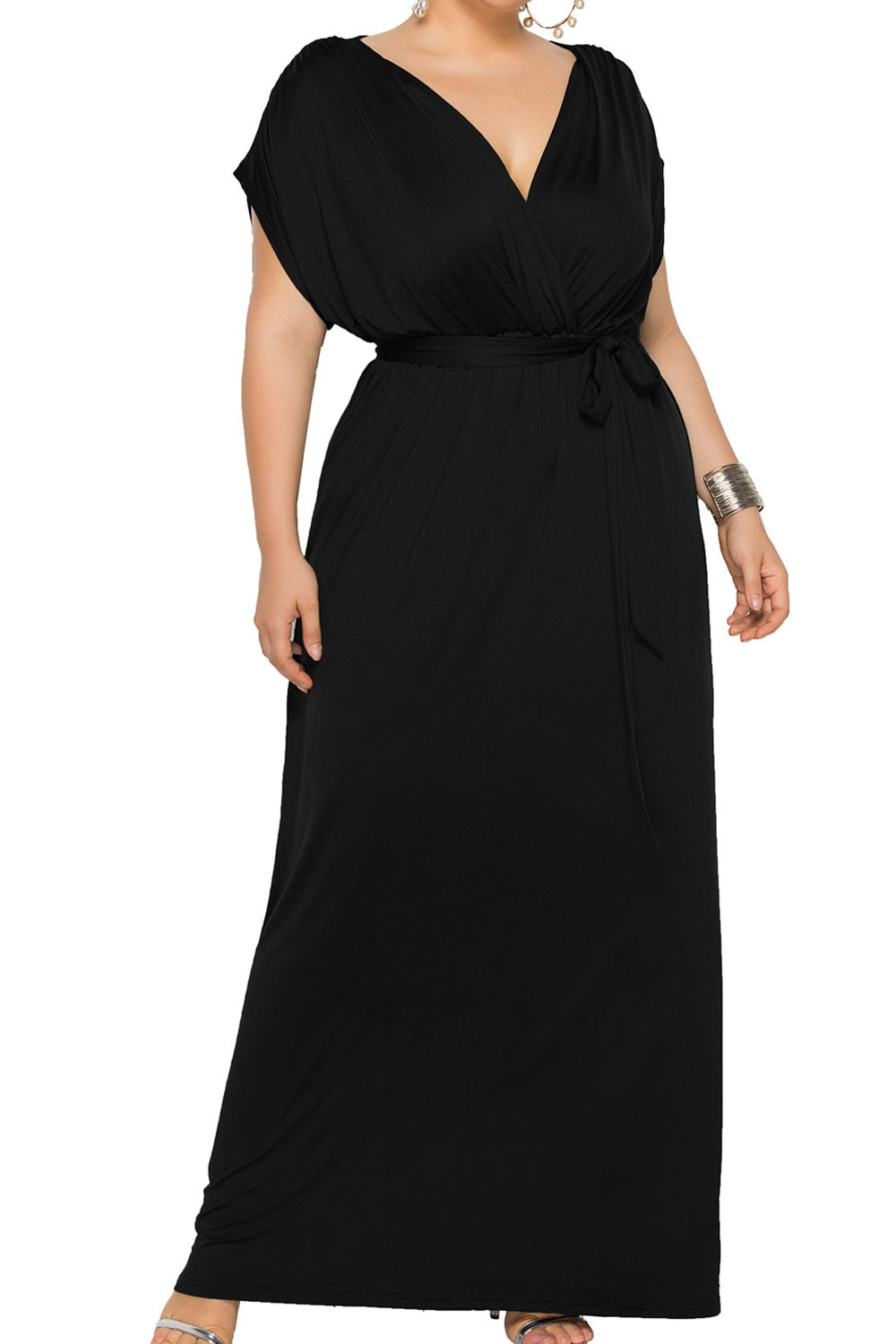 Women Plus Tremendous V-Neck Solid Colored Long Length Smooth Breathable Fashion Dress