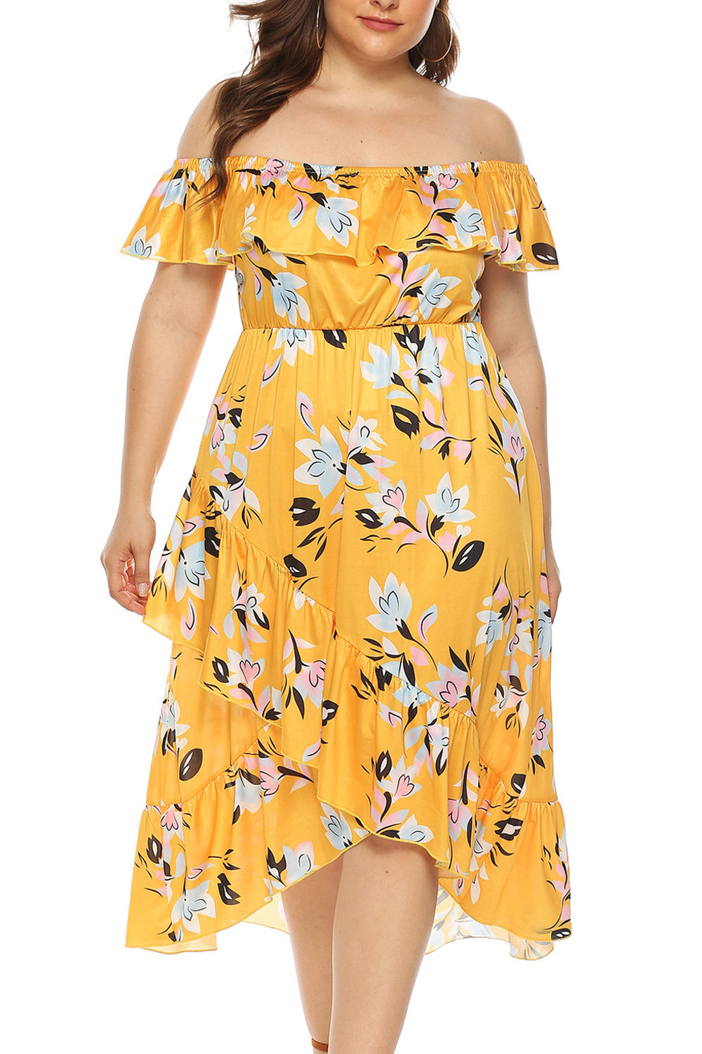 Women Plus Off-Neck Floral Printed Irregular Hem Thin Summer Amazing Dress