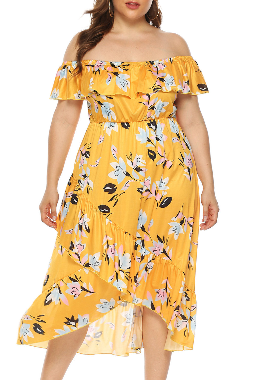 Women Plus Off-Neck Floral Printed Irregular Hem Thin Summer Amazing Dress