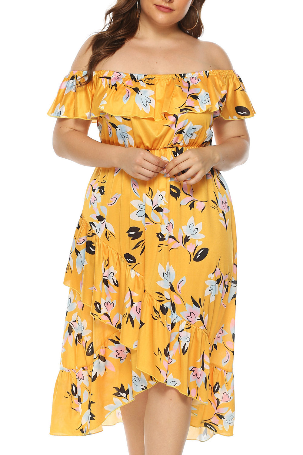 Women Plus Off-Neck Floral Printed Irregular Hem Thin Summer Amazing Dress