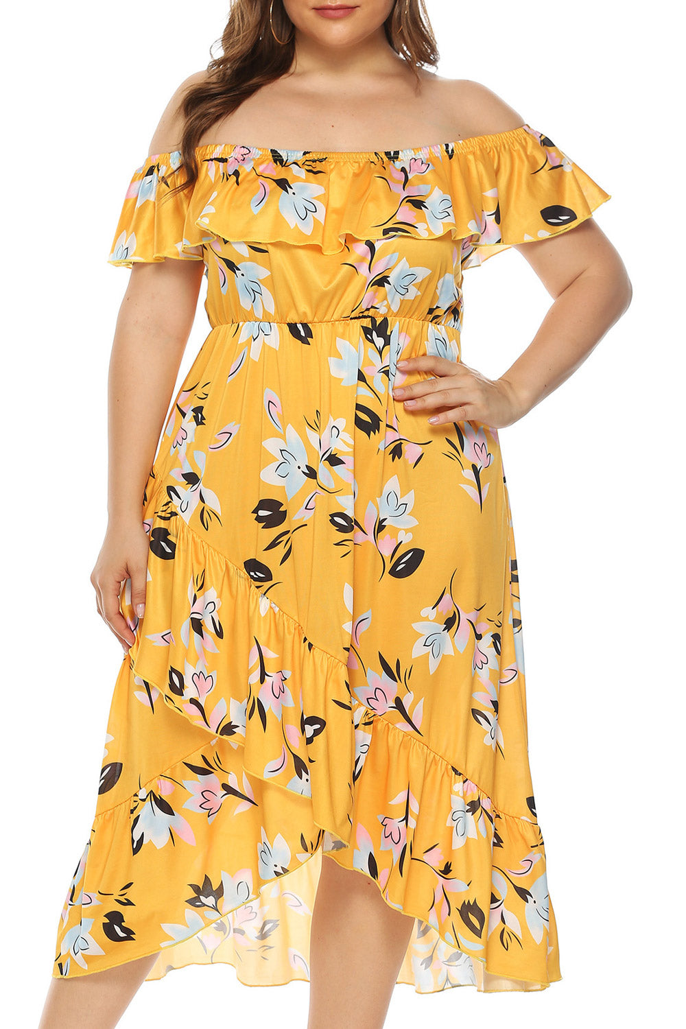 Women Plus Off-Neck Floral Printed Irregular Hem Thin Summer Amazing Dress