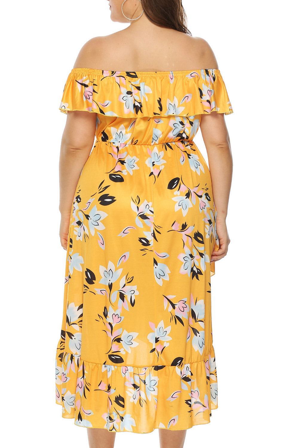 Women Plus Off-Neck Floral Printed Irregular Hem Thin Summer Amazing Dress