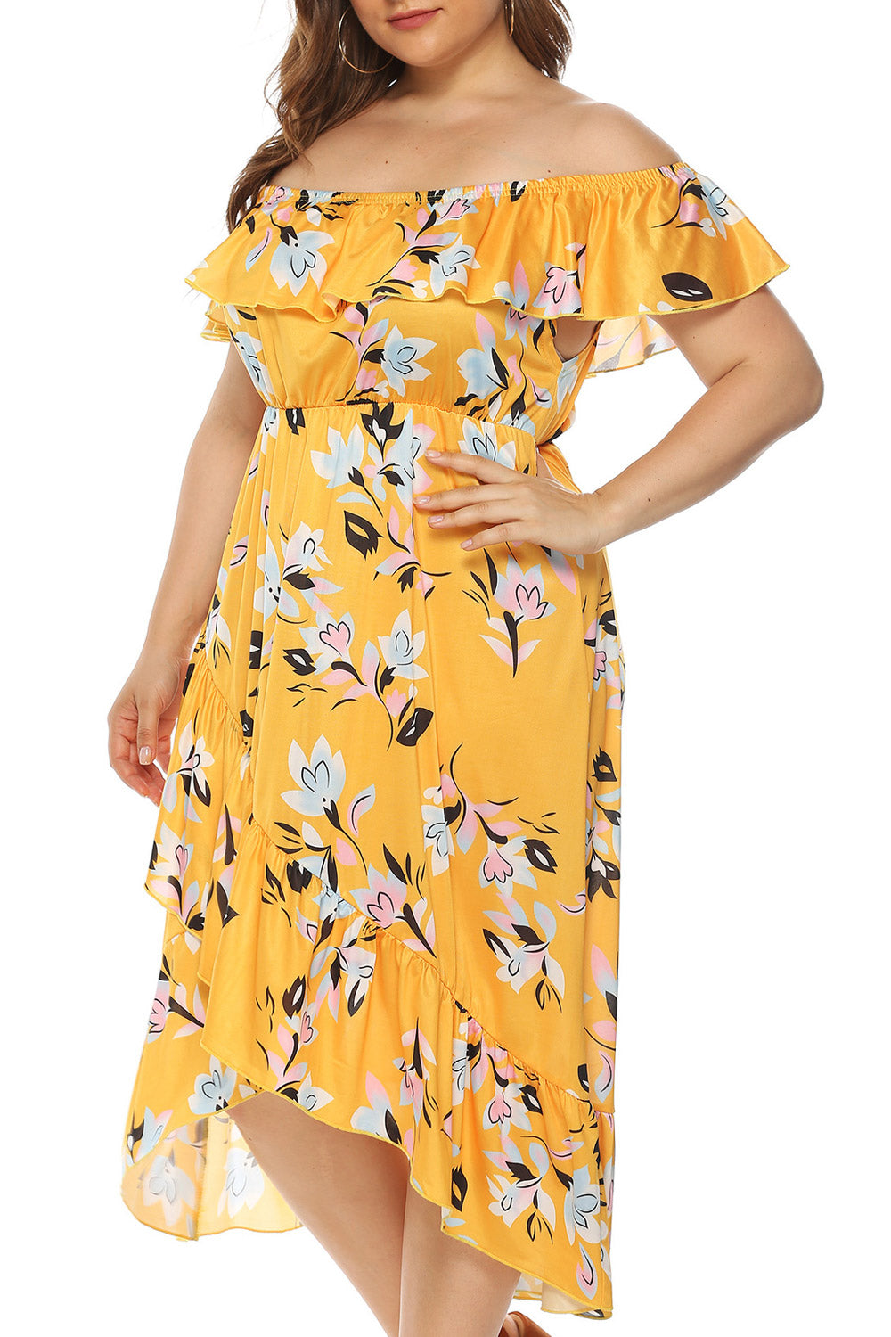 Women Plus Off-Neck Floral Printed Irregular Hem Thin Summer Amazing Dress