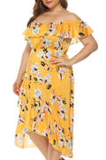 Women Plus Off-Neck Floral Printed Irregular Hem Thin Summer Amazing Dress