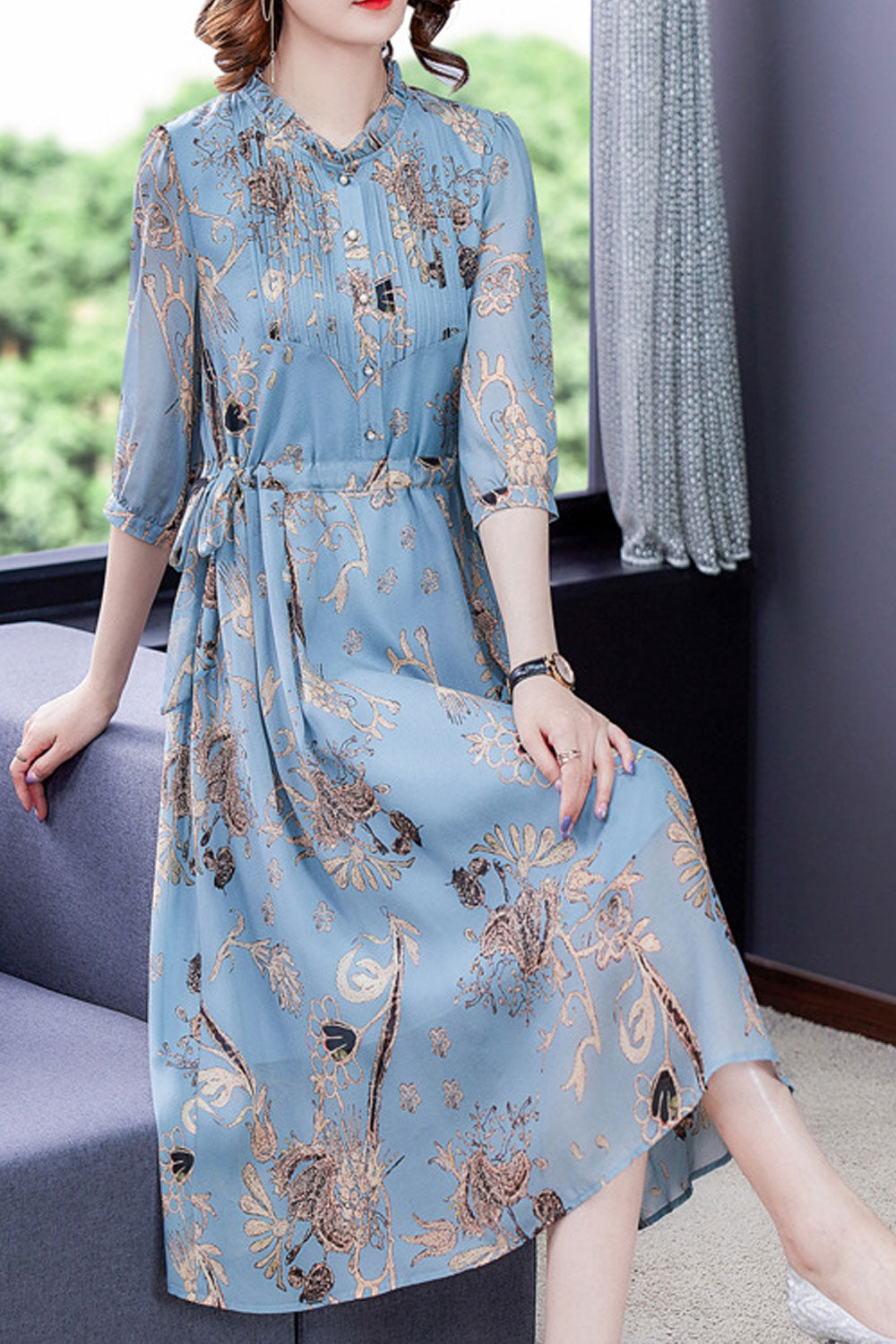 Women Half Sleeve Beautiful Flower Printed Thin Mid Length Breathable Dress