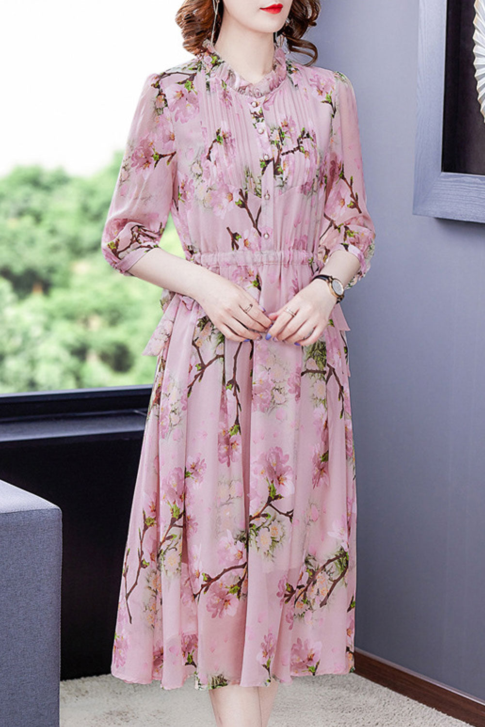 Women Half Sleeve Beautiful Flower Printed Thin Mid Length Breathable Dress