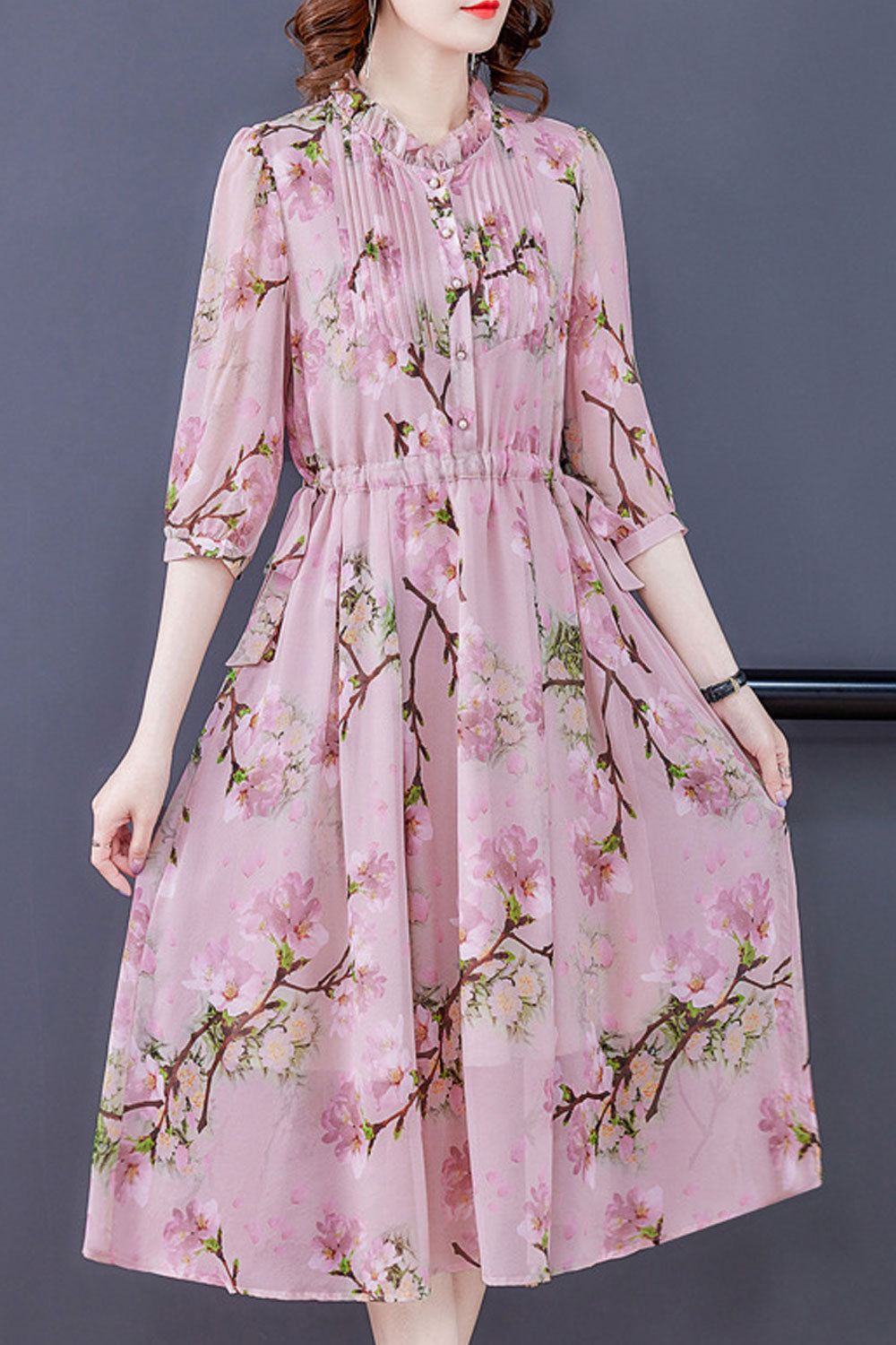 Women Half Sleeve Beautiful Flower Printed Thin Mid Length Breathable Dress