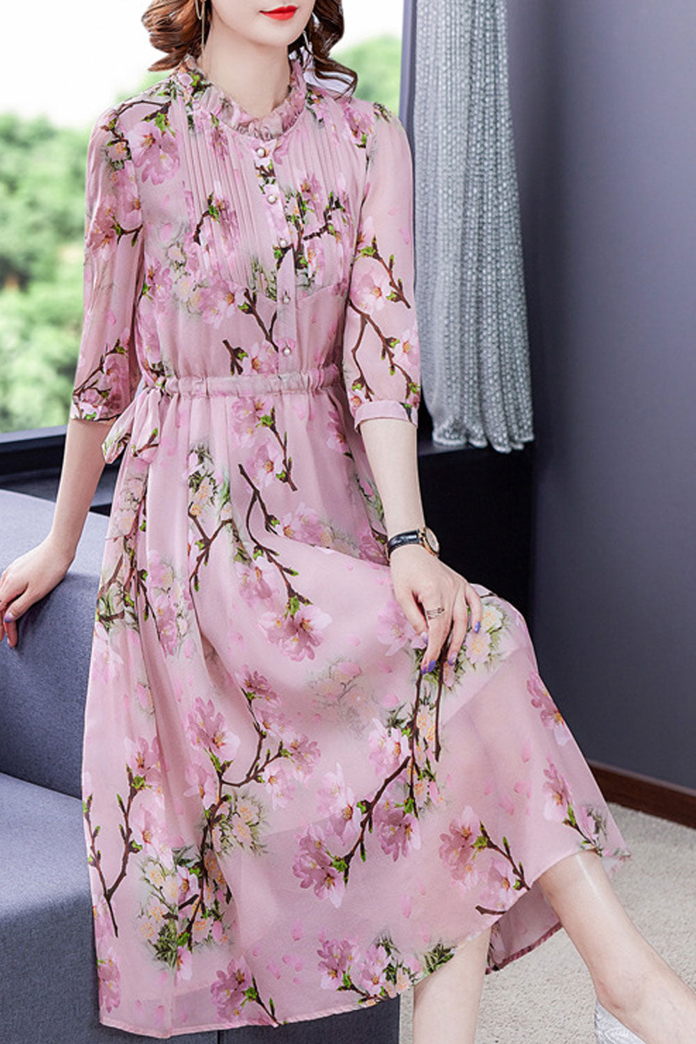 Women Half Sleeve Beautiful Flower Printed Thin Mid Length Breathable Dress