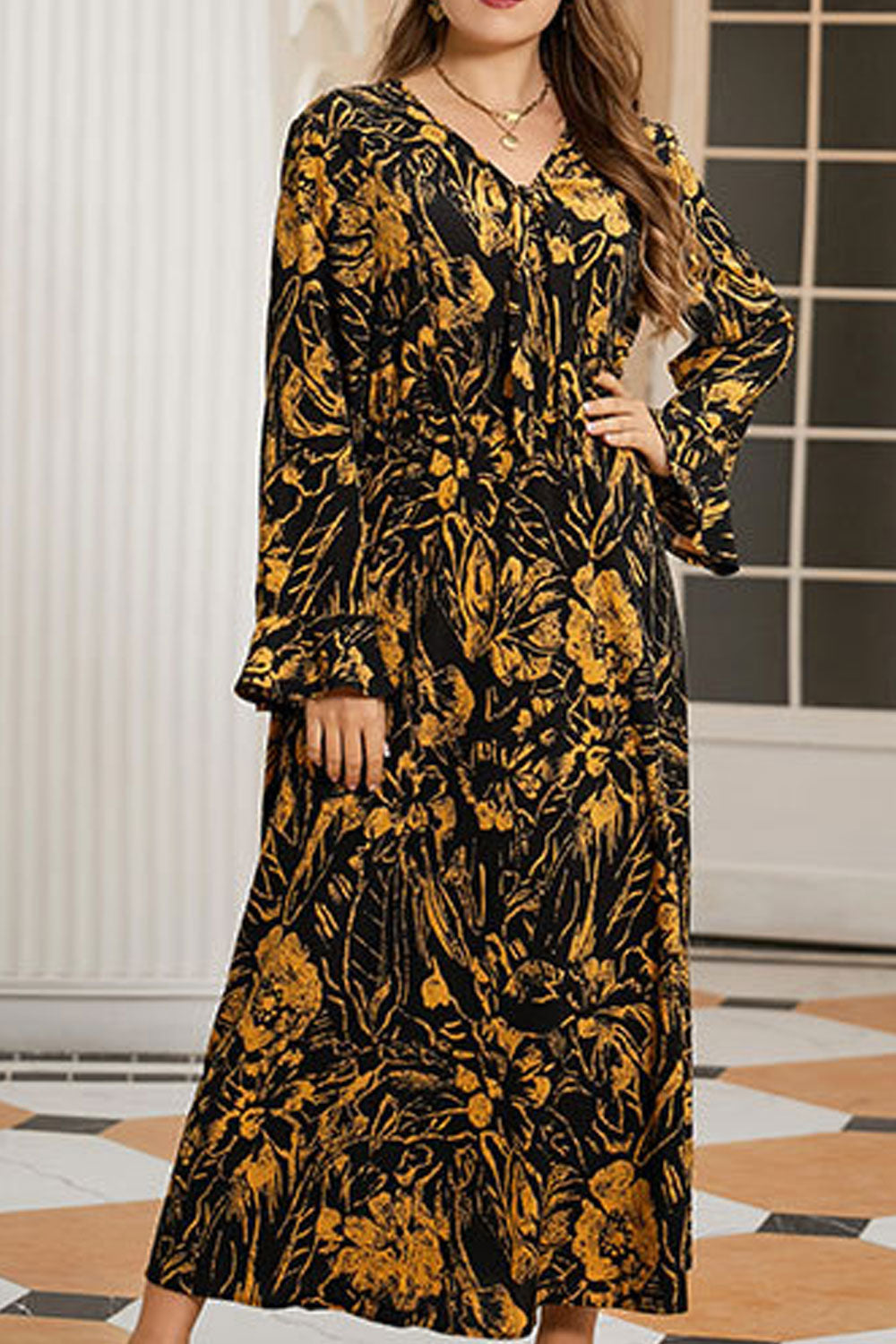 Women Plus Pretty Floral Printed Thin Breathable Long Sleeve Fabulous Dress
