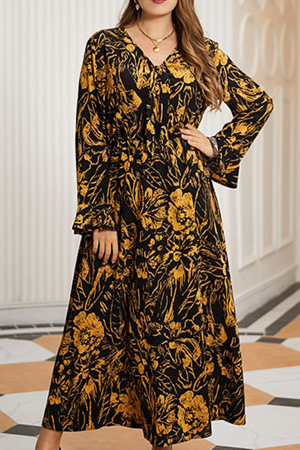 Women Plus Pretty Floral Printed Thin Breathable Long Sleeve Fabulous Dress