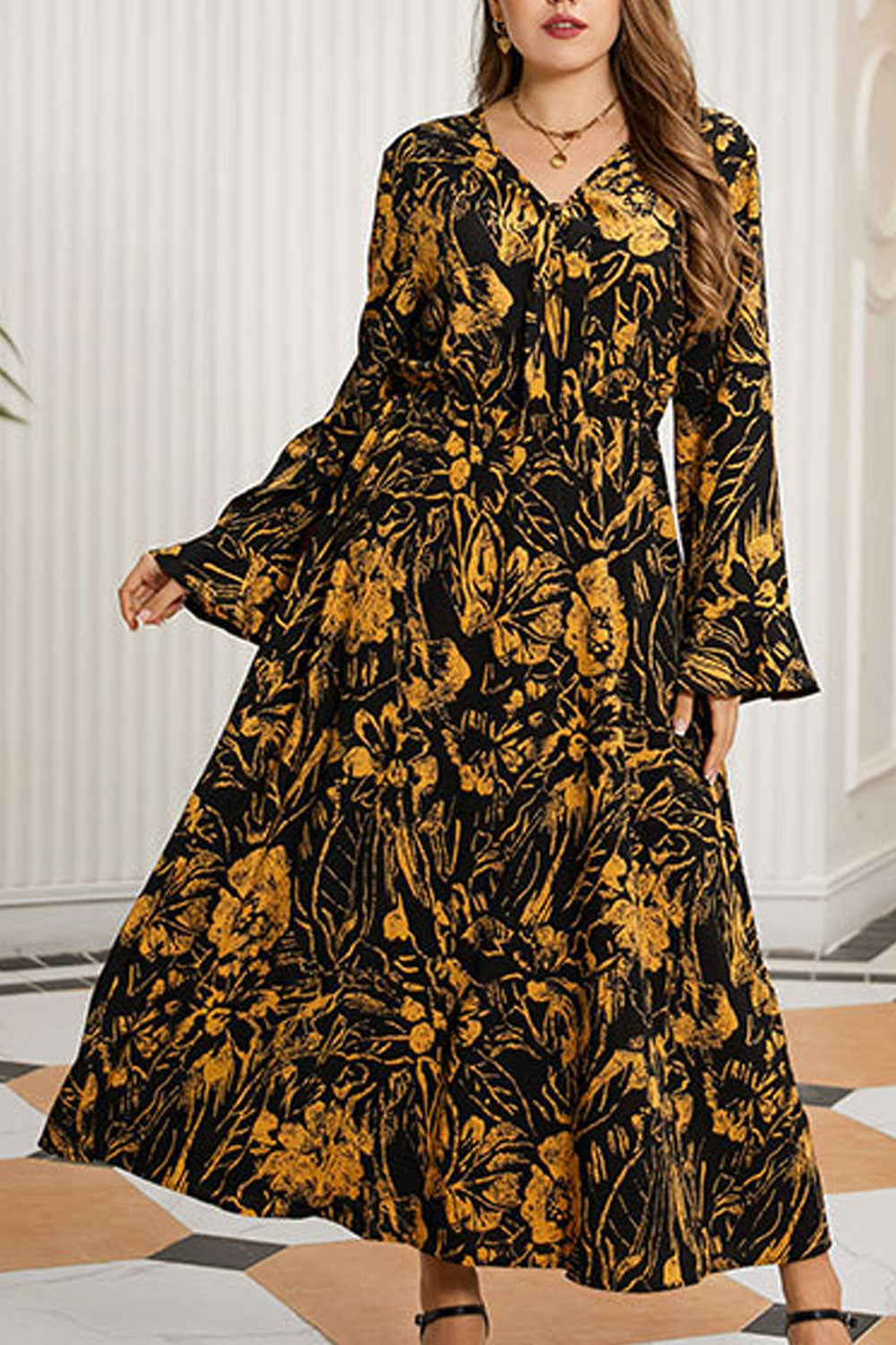 Women Plus Pretty Floral Printed Thin Breathable Long Sleeve Fabulous Dress