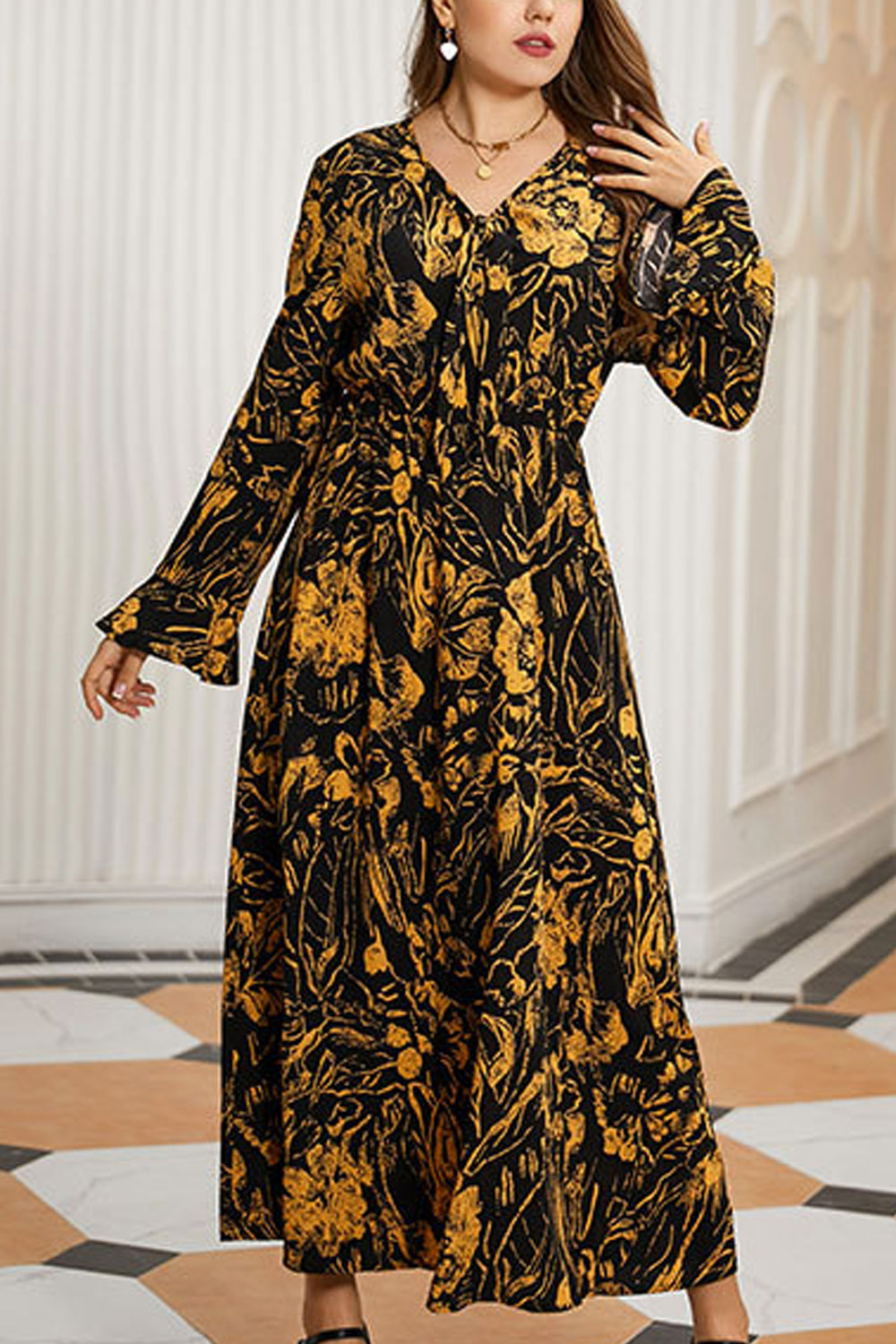 Women Plus Pretty Floral Printed Thin Breathable Long Sleeve Fabulous Dress
