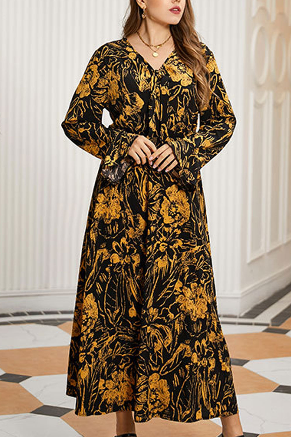 Women Plus Pretty Floral Printed Thin Breathable Long Sleeve Fabulous Dress