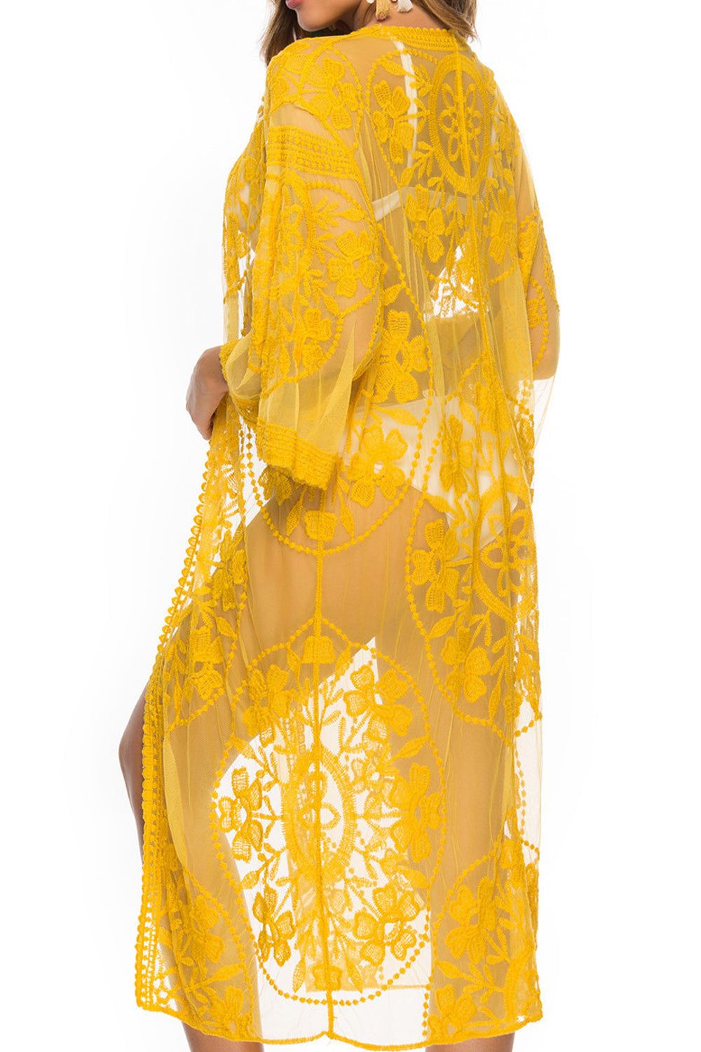 Women Thin Flower Lace Sun Protection Solid Colored Mid Length Thin Beach Cover-Up