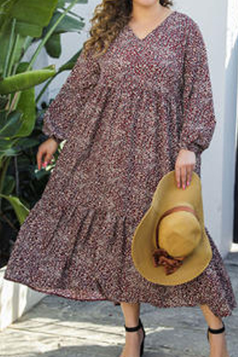 Women Plus Lace Bust V-Neck Printed Style Long Sleeve Stylish Casual Dress