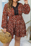 Women Plus Lace Bust V-Neck Printed Style Long Sleeve Stylish Casual Dress