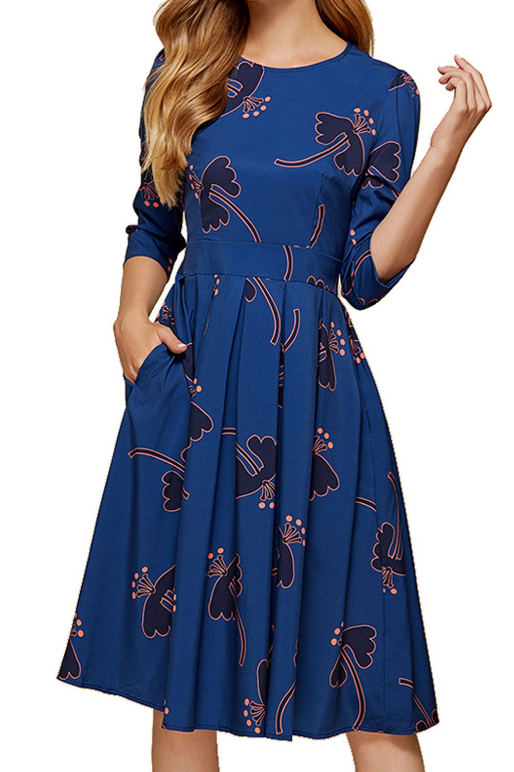 Women Mid Length Floral Printed Half Sleeve Comfy Round Neck Modern Party Dress
