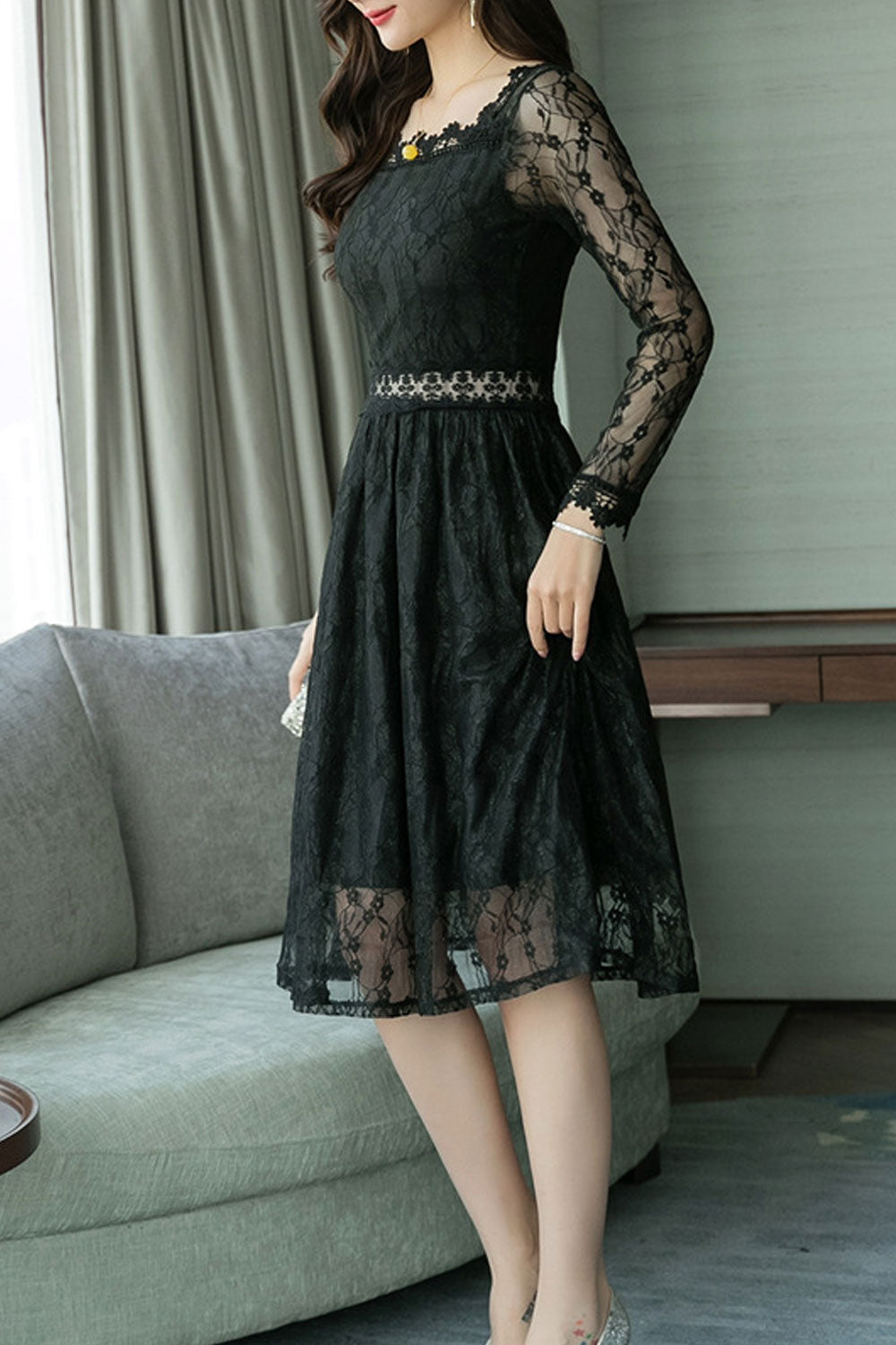 Women Off Neck Off Shoulder Lace Pattern Beautiful Dress